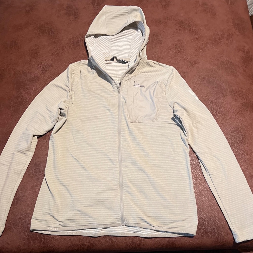 Salomon Full Zip Fleece Hoodie Jacket Light beige Size Medium Active Hiking